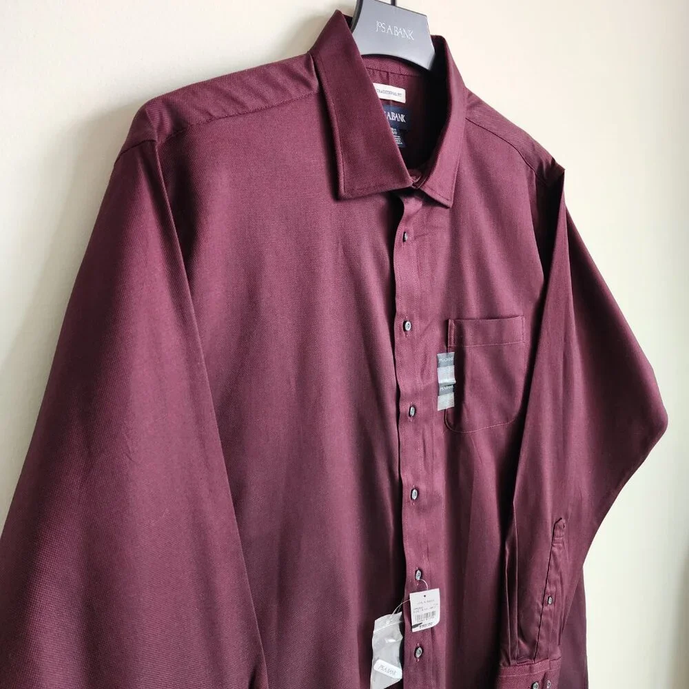 18.5 36/37 Red Wine Dress Shirt Traditional Fit Dark Jos A Bank New Solid Mens - Picture 12 of 16